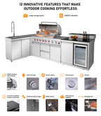 95.8"  6+1 Burner 95,500 BTU Outdoor Kitchen Island Grill Silver + Sink + Refrigerator + Bar Table