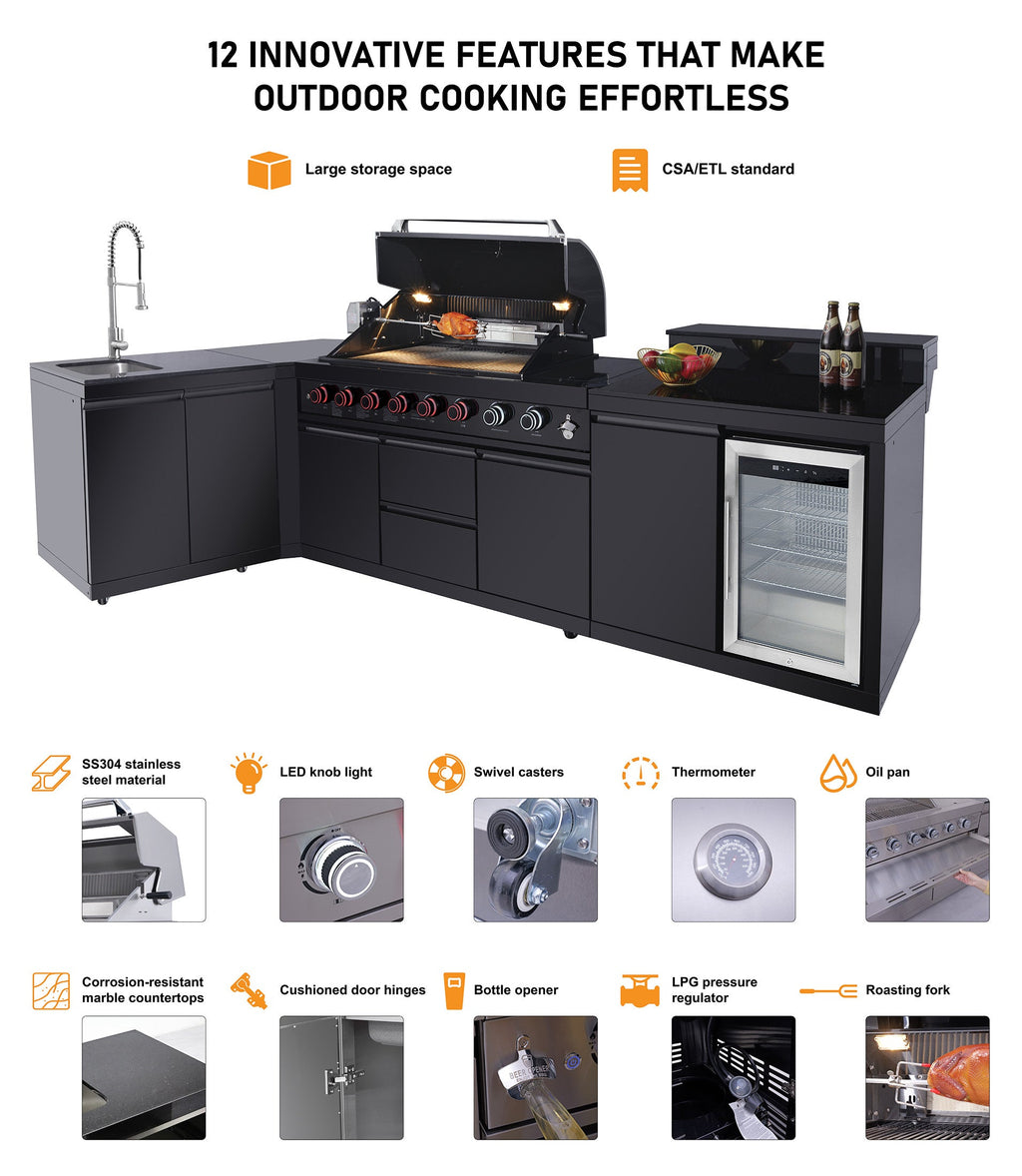 82.5" 6-Burner 83,500 BTU Black Outdoor Kitchen Island Grill Sink + Refrigerator