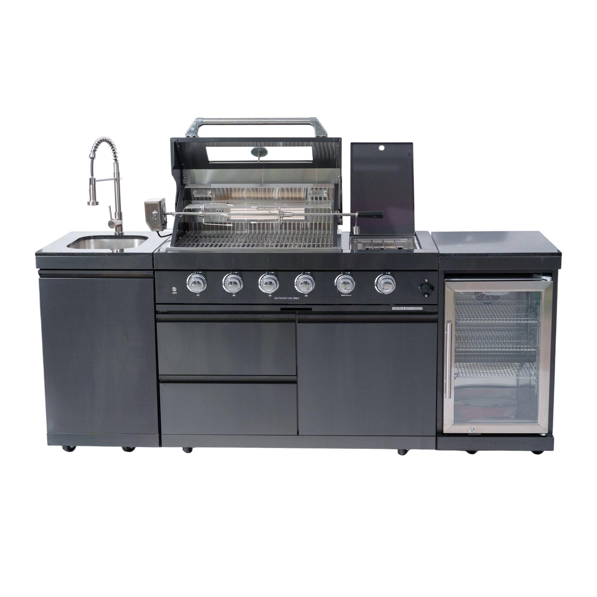 NG 85" 4-Burner 72,000 BTU Black Outdoor Kitchen Island Grill + Refrigerator + Sink