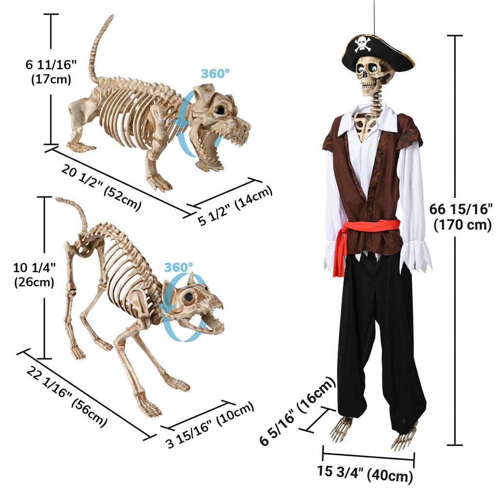 Yescom 5.6Ft Halloween Skeleton Set - Pirate Captain with Dog & Cat