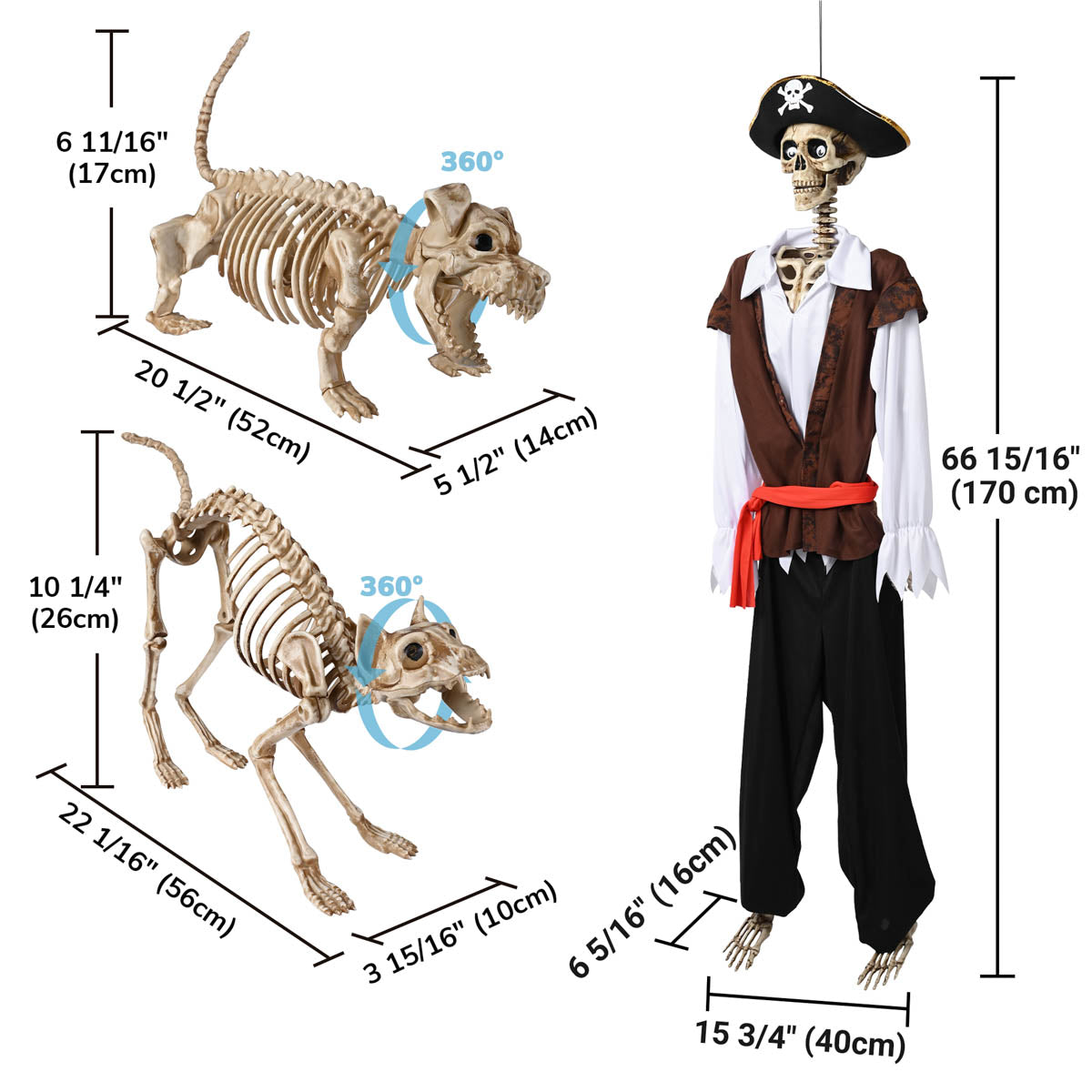 Yescom 5.6Ft Halloween Skeleton Set - Pirate Captain with Dog & Cat
