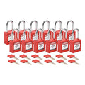 Padlock, Keyed Different, Nylon, Red, 1 1/2 in Shackle Height, 1 1/2 in Body Width, 12 No. of Keys