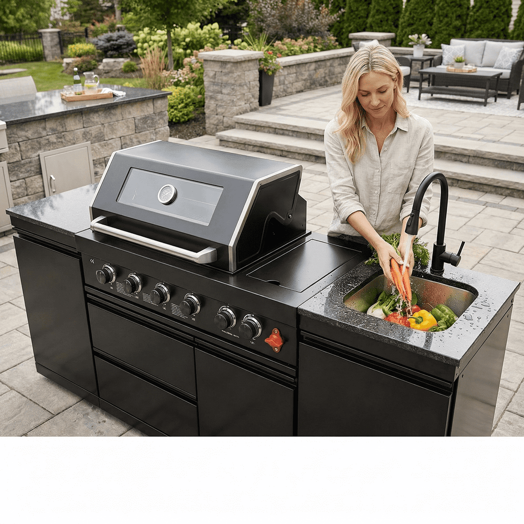 85" 4-Burner 85,000 BTU Black Outdoor Kitchen Island Grill + Storage Cabinets + Sink