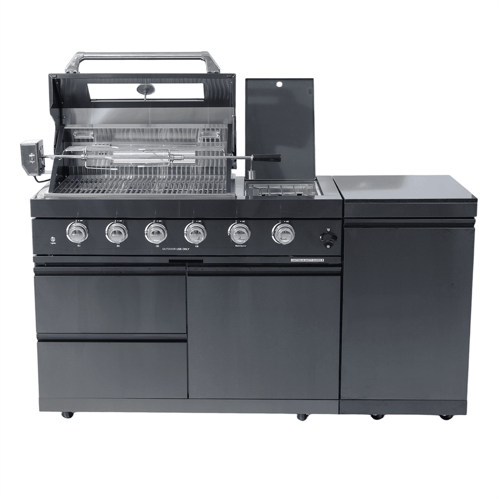 65" 4-Burner 72,000 BTU Black Outdoor Kitchen Island Grill + Side Burner + Rotisserie kit