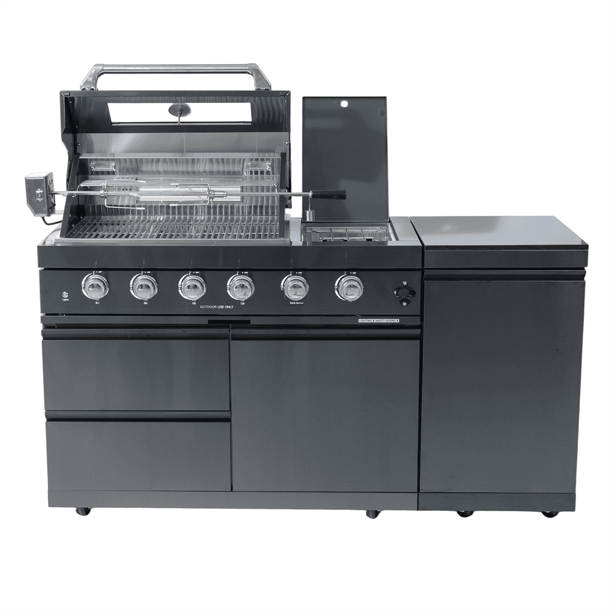 65" 4-Burner 72,000 BTU Black Outdoor Kitchen Island Grill + Side Burner + Rotisserie kit
