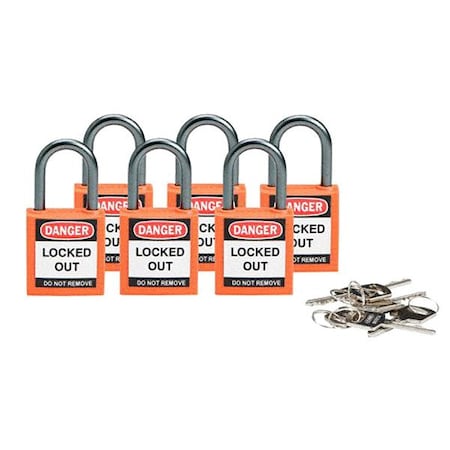 Lockout Padlock, Keyed Different, Nylon, Orange, 1 in Shackle Height, 1 3/16 in Body Width, 6 PK