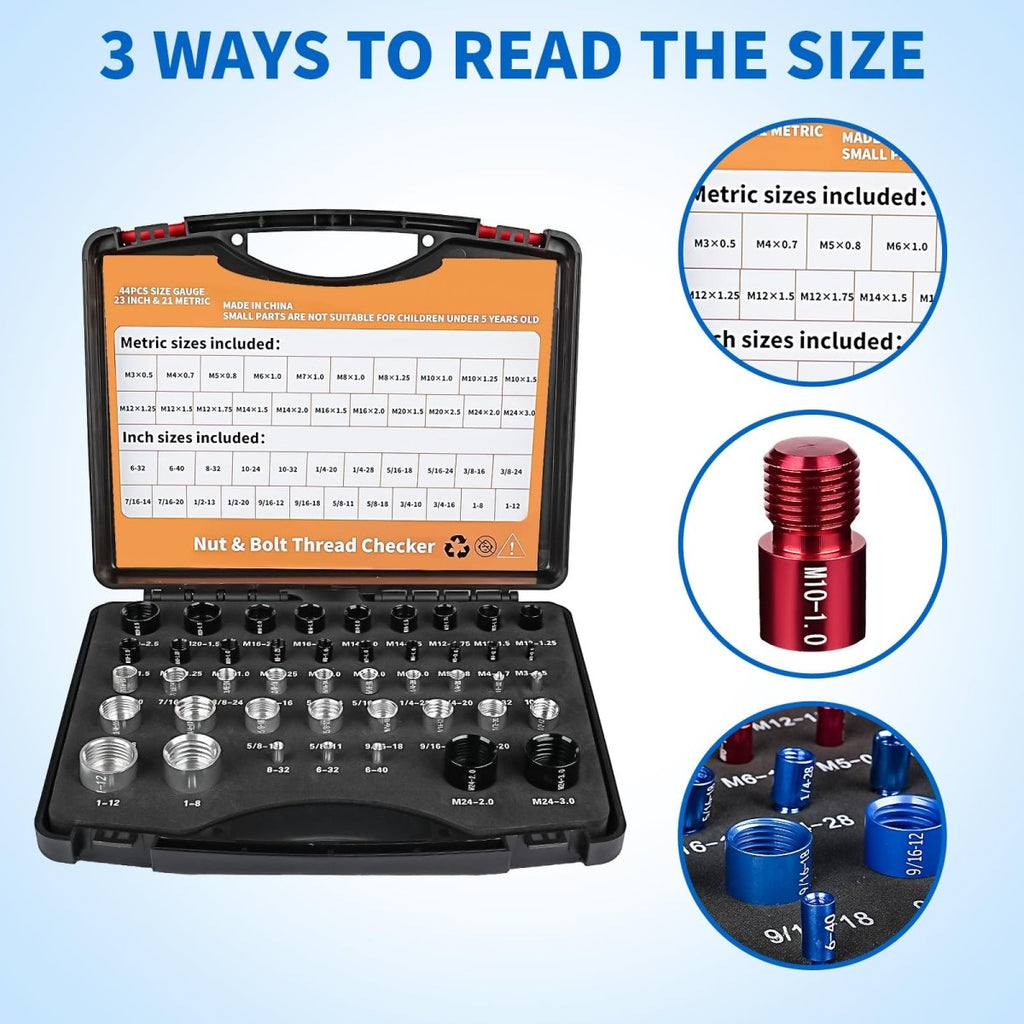 Nut and Bolt Thread Checker Standard and Metric, 44 Male/Female Bolt Size Finder Thread Gauge (23 Standard & 21 Metric), for Bolt and Nut Size Chart in Narrow Areas