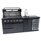 NG 85" 6-Burner 85,000 BTU Black Outdoor Kitchen Island Grill Refrigerator + Rotisserie Kit + Sink