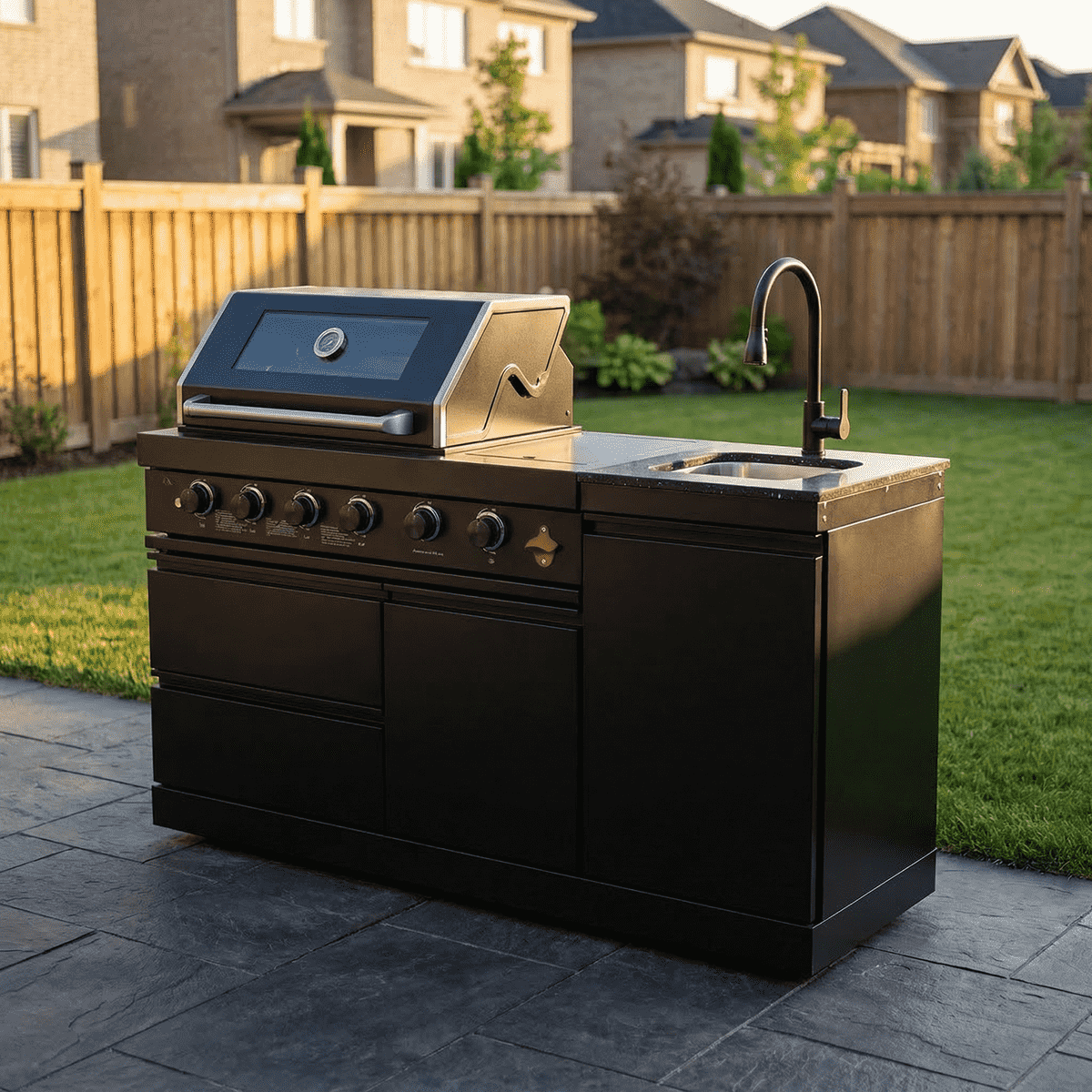 65" 4-Burner 72,000 BTU Black Outdoor Kitchen Island Grill + Round Side Burner