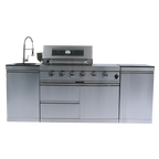 NG 85" 4-Burner 72,000 BTU Silver Outdoor Kitchen Island Grill + Side B & Storage Cabinets & Sink