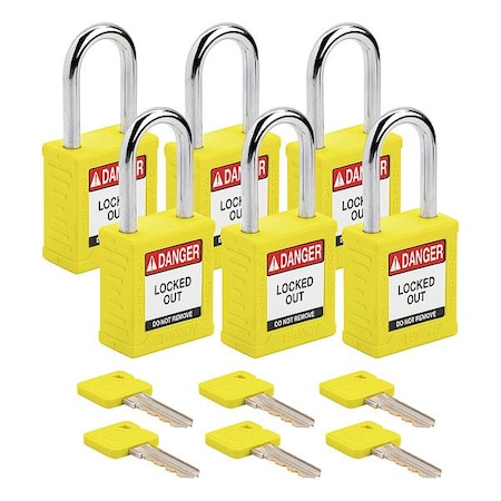 Padlock, Keyed Alike, Nylon, Yellow, 1 1/2 in Shackle Height, 1 1/2 in Body Width, 6 No. of Keys