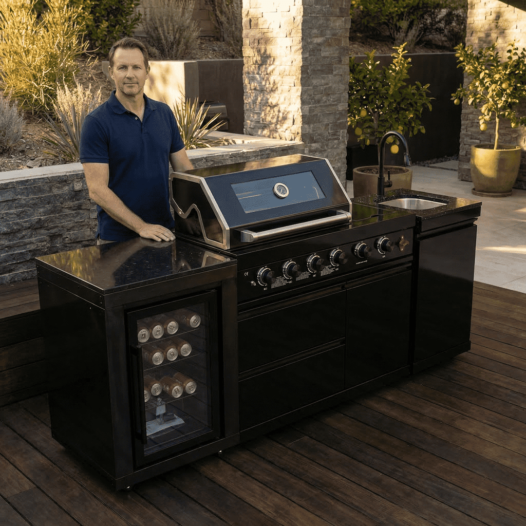 85" 4-Burner 72000 BTU Black Outdoor Kitchen Island Grill with Compact Refrigerator Marble Countertops Sink