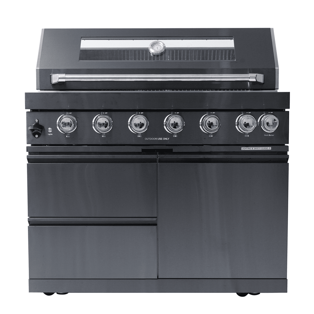 NG 85" 6-Burner 85,000 BTU Black Outdoor Kitchen Island Grill Refrigerator + Rotisserie Kit + Sink