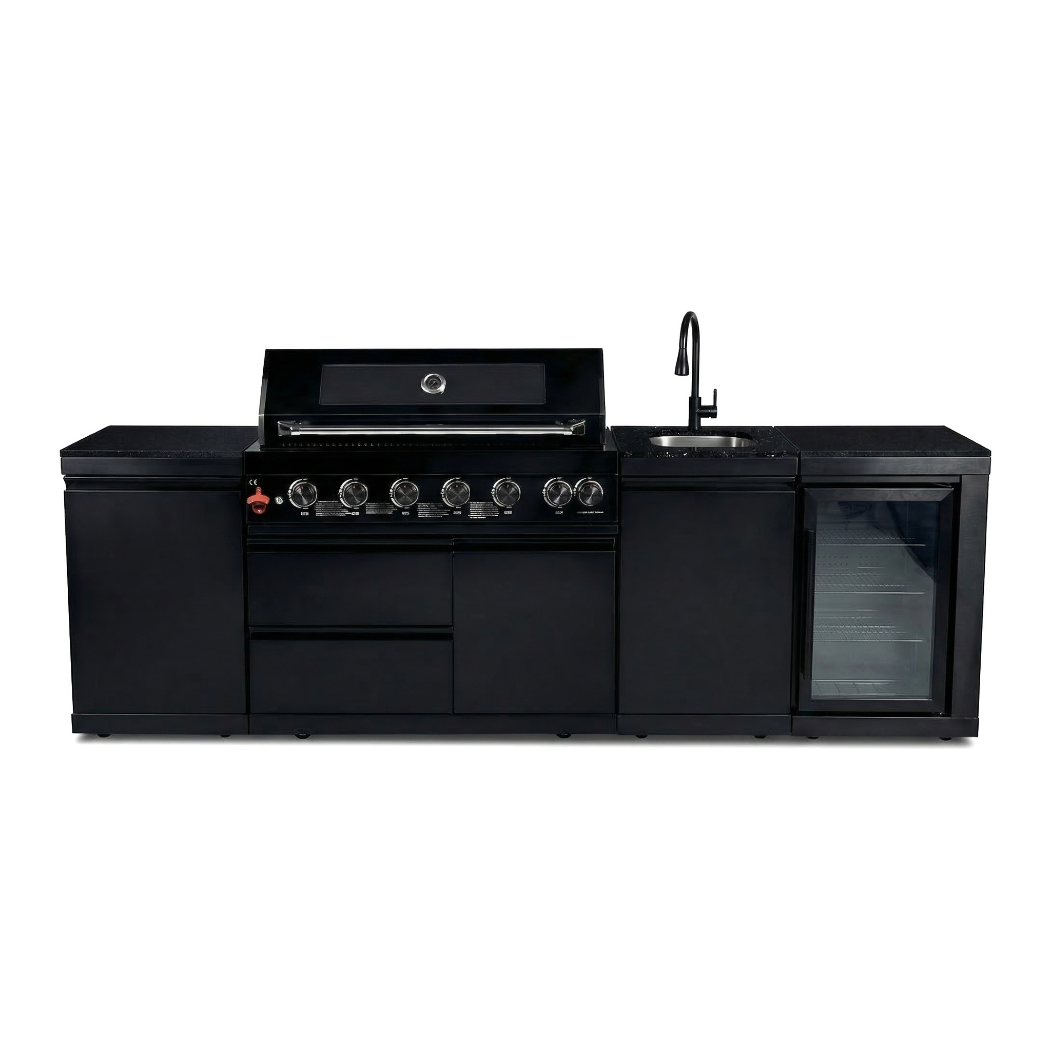 102" 6-Burner 85,000 BTU Black Outdoor Kitchen Island Grill + Refrigerator + Marble Countertops + Sink