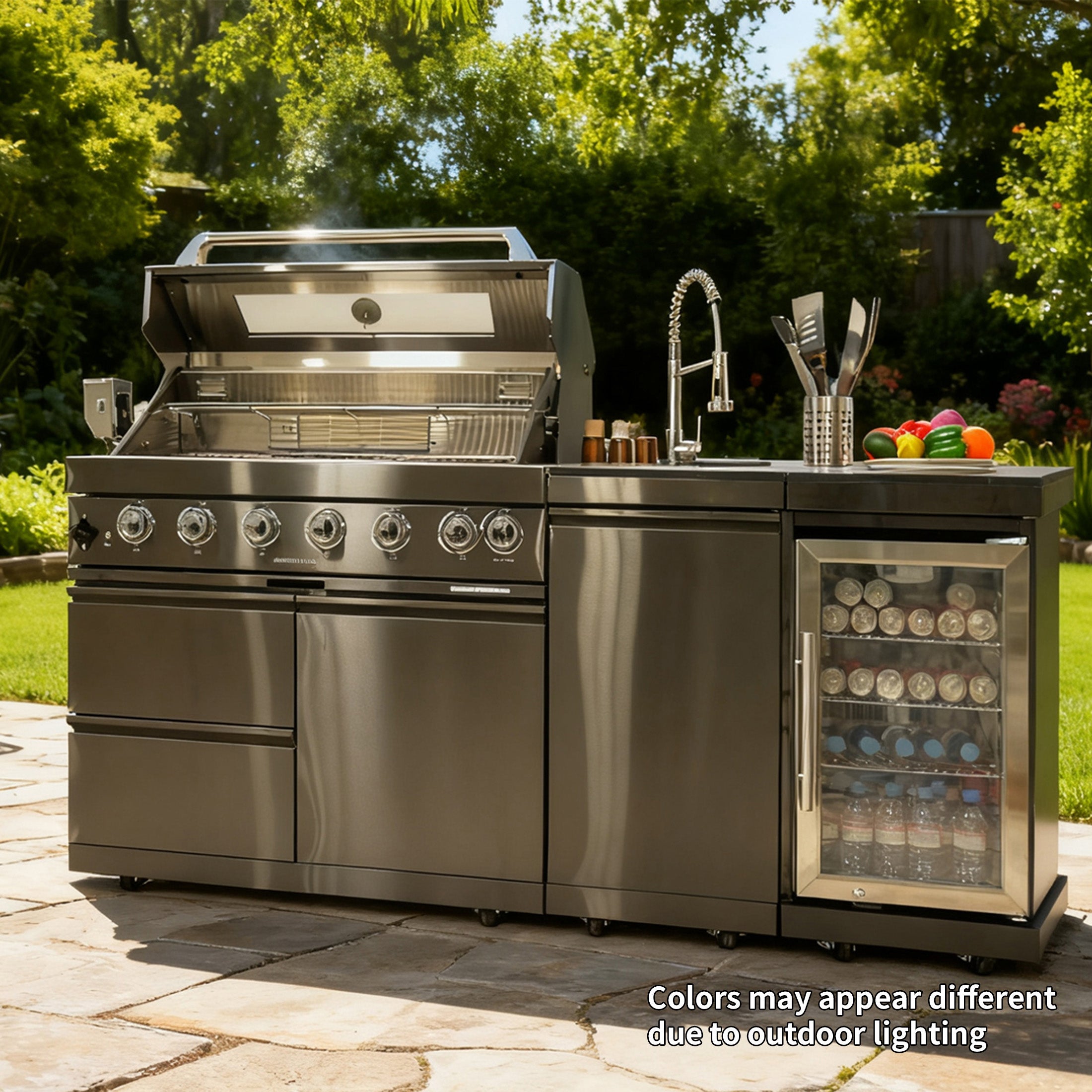 NG 85" 6-Burner 85,000 BTU Black Outdoor Kitchen Island Grill Refrigerator + Rotisserie Kit + Sink
