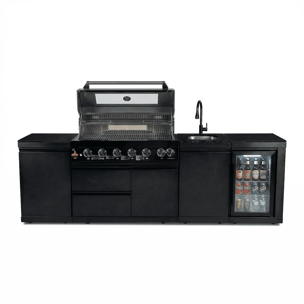 102" 6-Burner 85,000 BTU Black Outdoor Kitchen Island Grill + Refrigerator + Marble Countertops + Sink