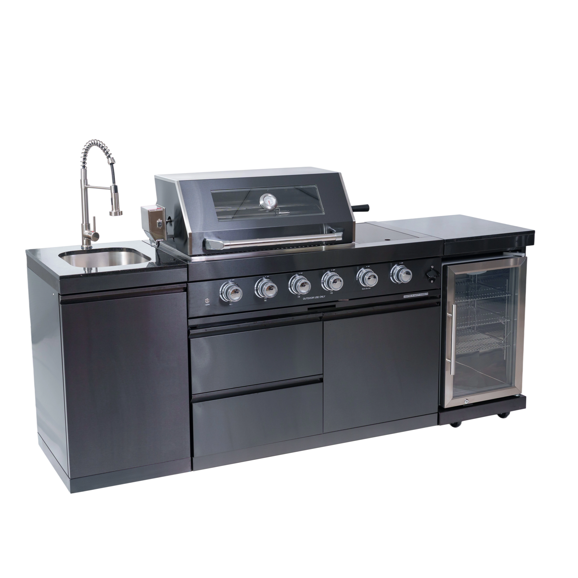 NG 85" 4-Burner 72,000 BTU Black Outdoor Kitchen Island Grill + Refrigerator + Sink