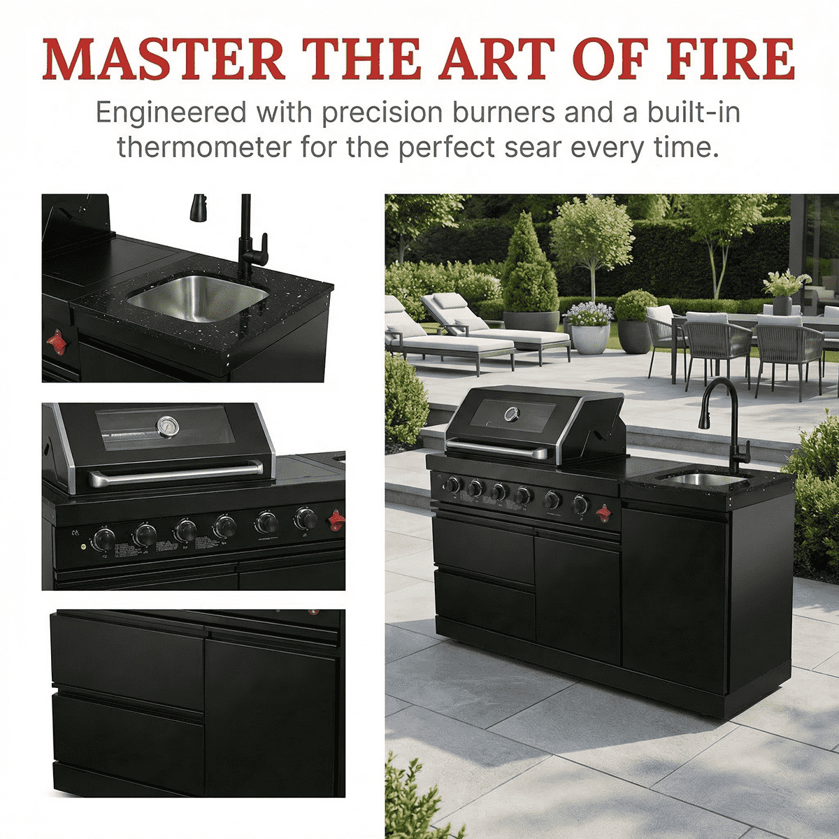 65" 4-Burner 72,000 BTU Black Outdoor Kitchen Island Grill + Round Side Burner