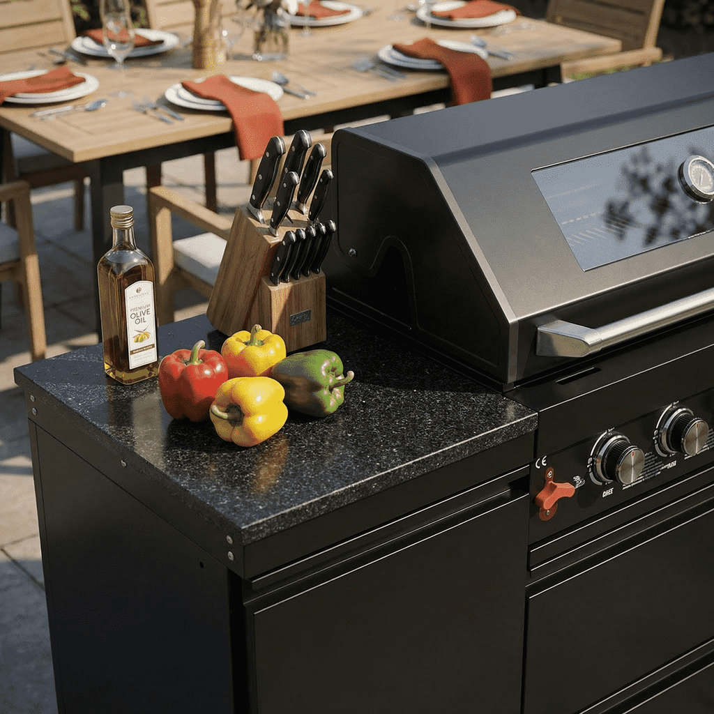 63" 6-Burner 85,000 BTU Black Outdoor Kitchen Island Grill + Marble Countertops