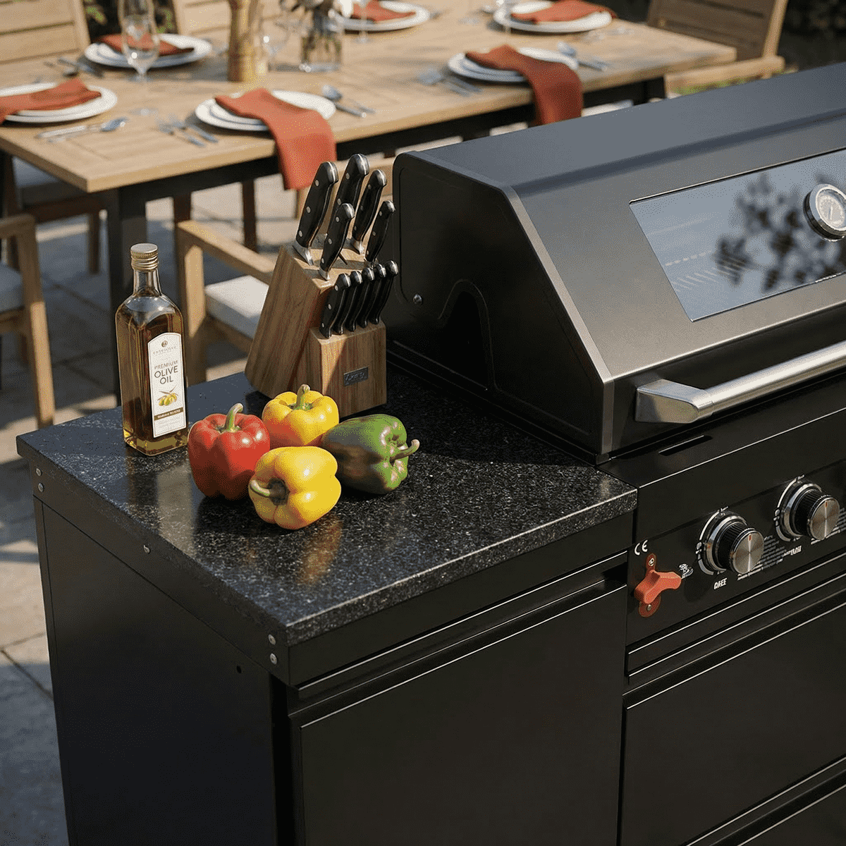 63" 6-Burner 85,000 BTU Black Outdoor Kitchen Island Grill + Marble Countertops