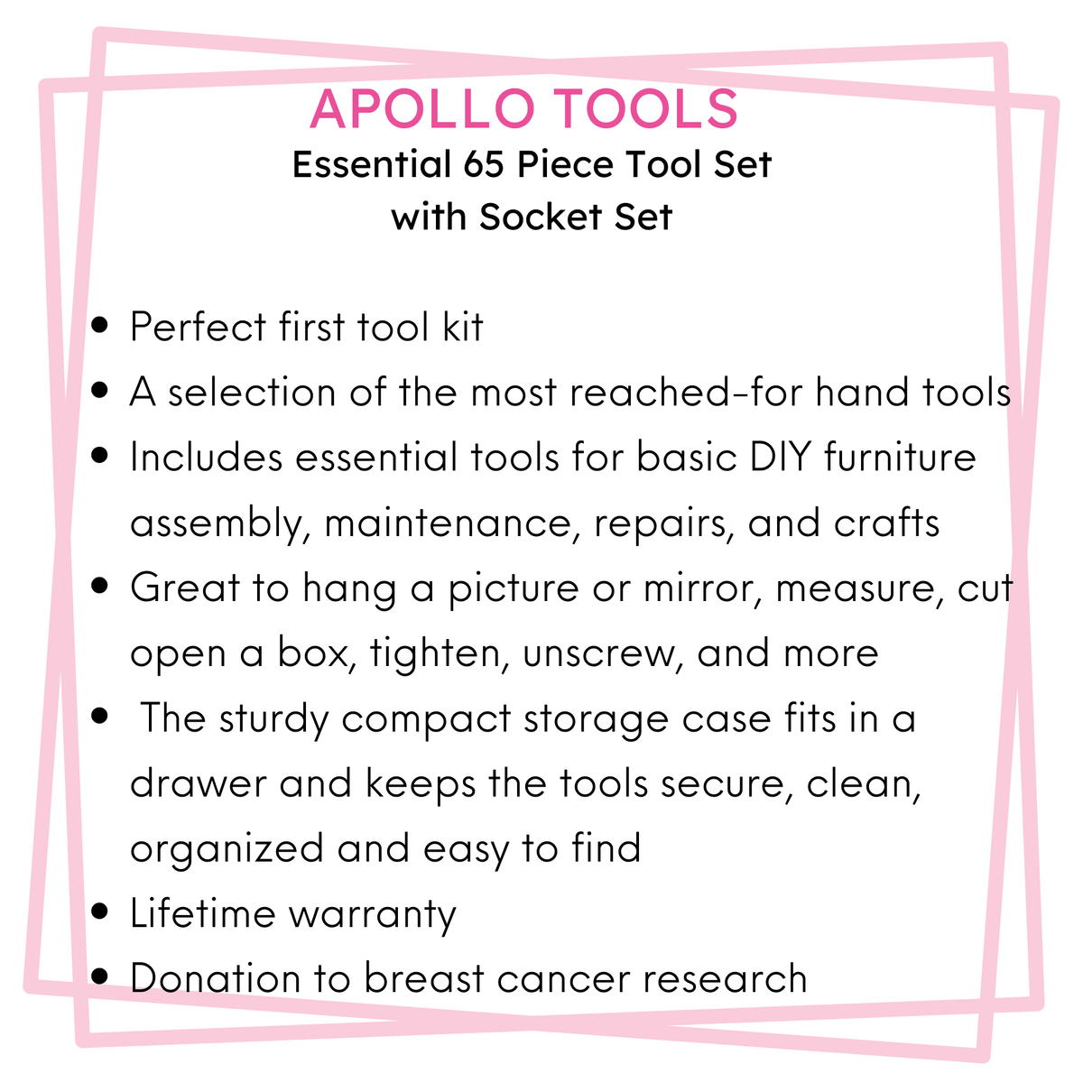 Essential 65-Piece Pink Tool Set with Socket Set and Most-Used Tools for Do it Yourself Repairs and Maintenance - DT0001P