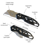 Ergonomic Stainless Steel, Lightweight, Foldable Black Utility Knife with Carabiner Clip and Fast-Change Blade - DT5017