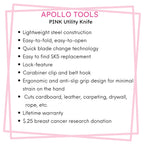 Ergonomic Stainless Steel, Lightweight, Foldable Pink Utility Knife with Carabiner Clip and Fast-Change Blade - DT5017P