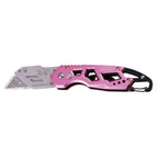 Ergonomic Stainless Steel, Lightweight, Foldable Pink Utility Knife with Carabiner Clip and Fast-Change Blade - DT5017P