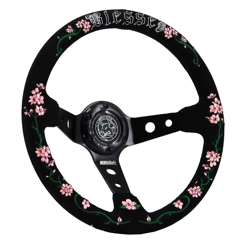 Blessed Universal 350mm 3" Deep Dish 6-Bolt Steering Wheel Red Suede Alcantara