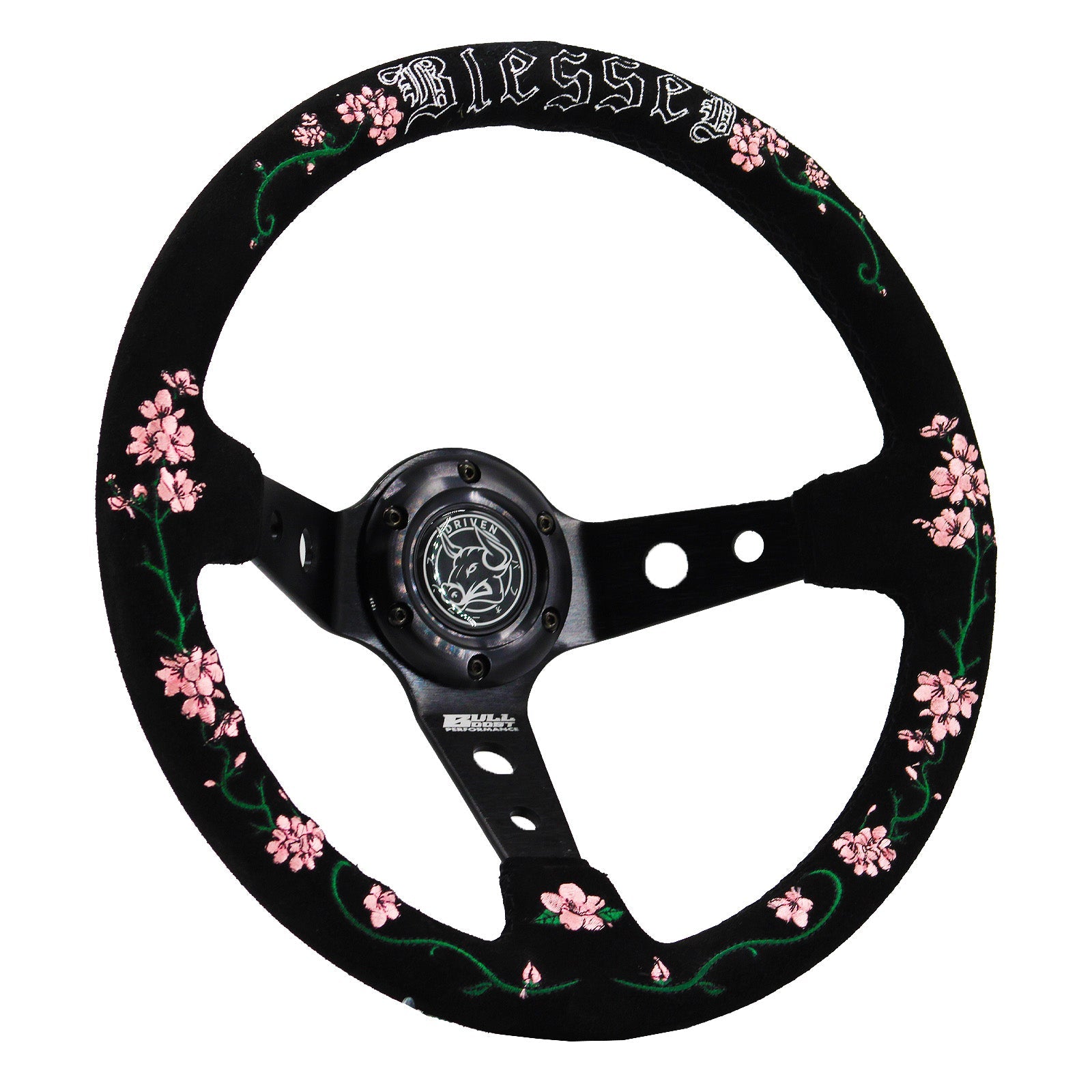 Blessed Universal 350mm 3" Deep Dish 6-Bolt Steering Wheel Red Suede Alcantara