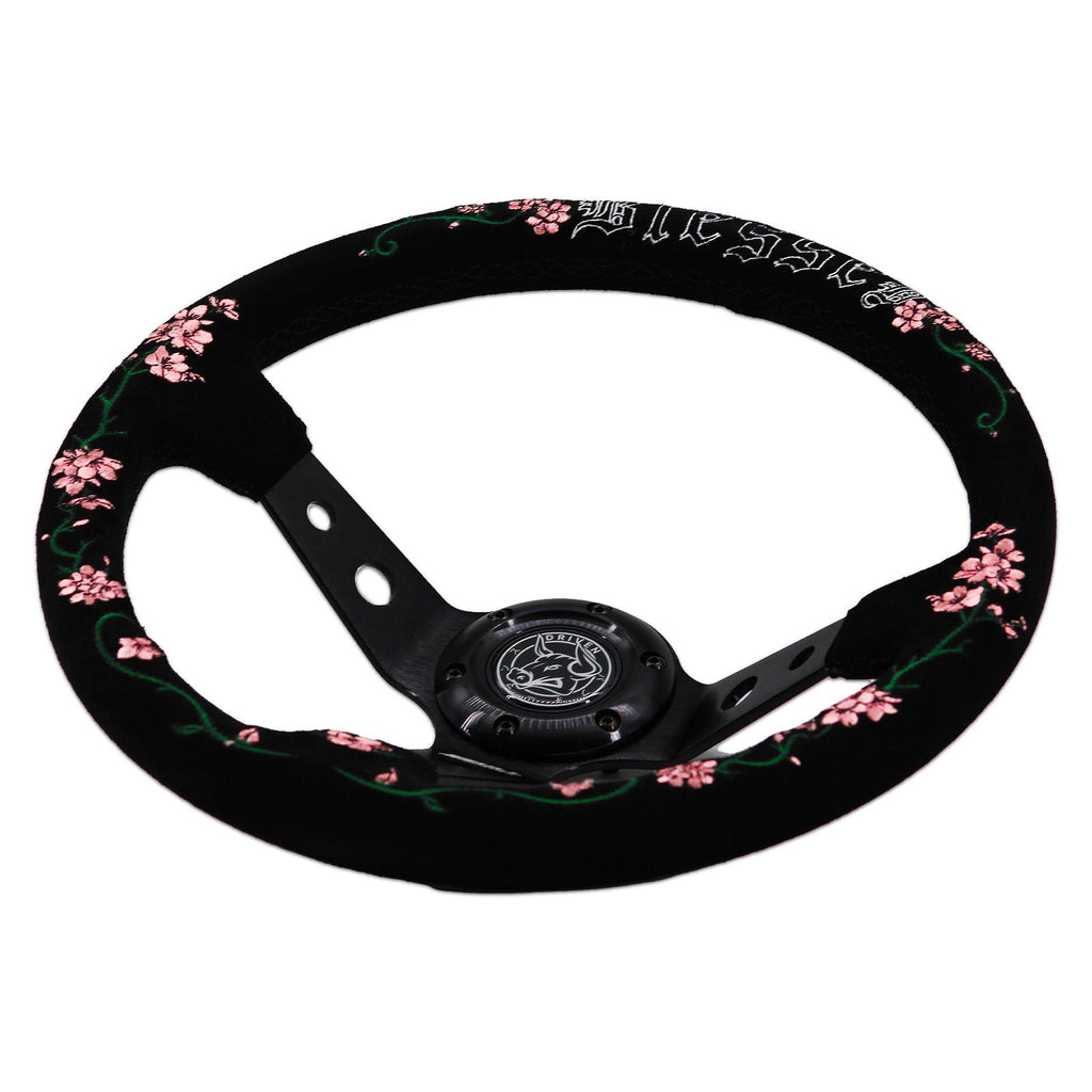 Blessed Universal 350mm 3" Deep Dish 6-Bolt Steering Wheel Red Suede Alcantara
