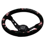 Blessed Universal 350mm 3" Deep Dish 6-Bolt Steering Wheel Red Suede Alcantara