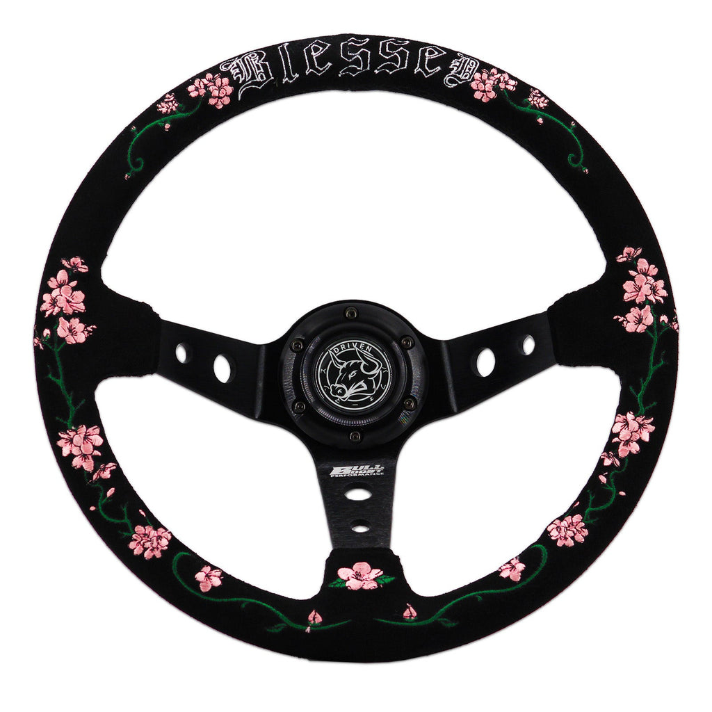 Blessed Universal 350mm 3" Deep Dish 6-Bolt Steering Wheel Red Suede Alcantara