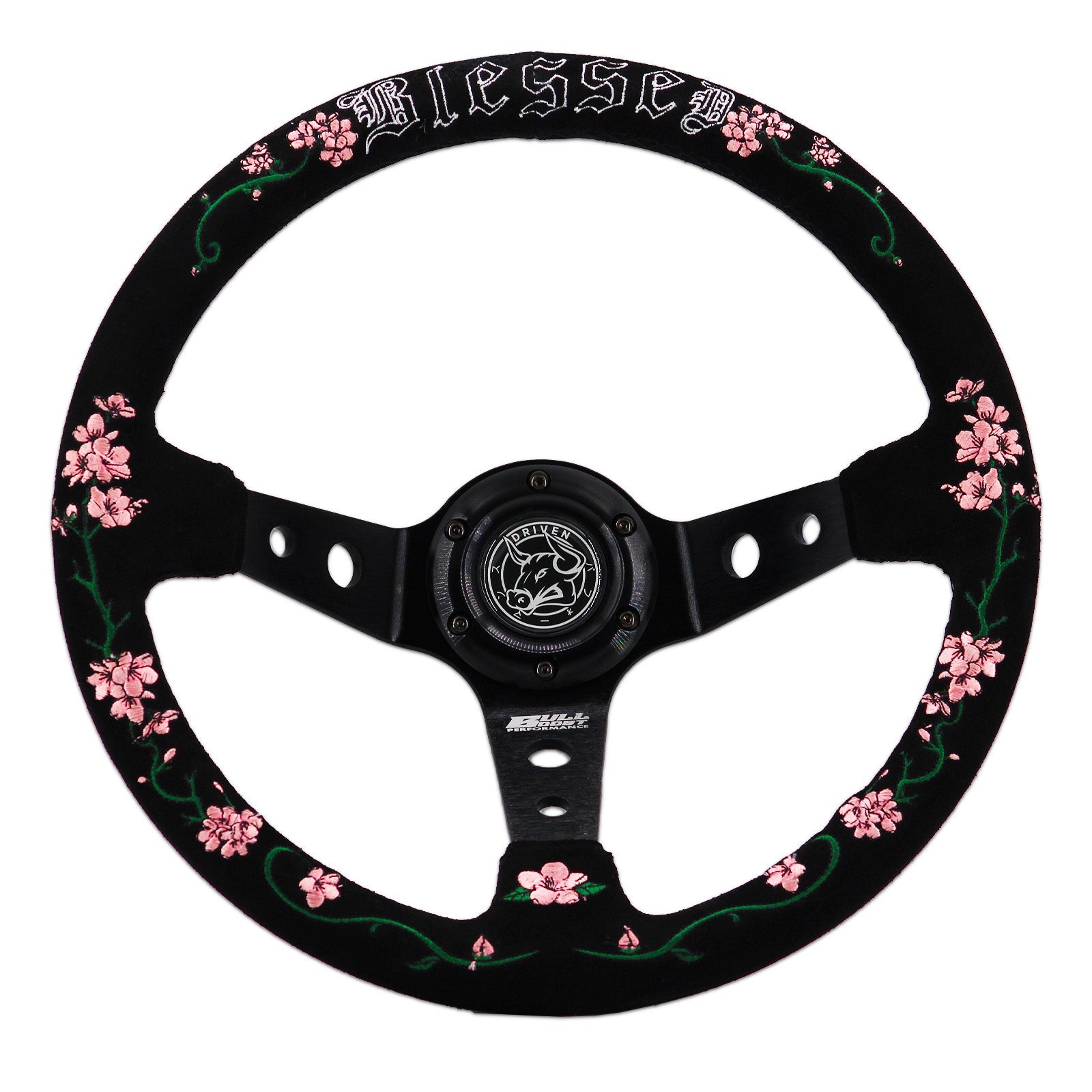 Blessed Universal 350mm 3" Deep Dish 6-Bolt Steering Wheel Red Suede Alcantara