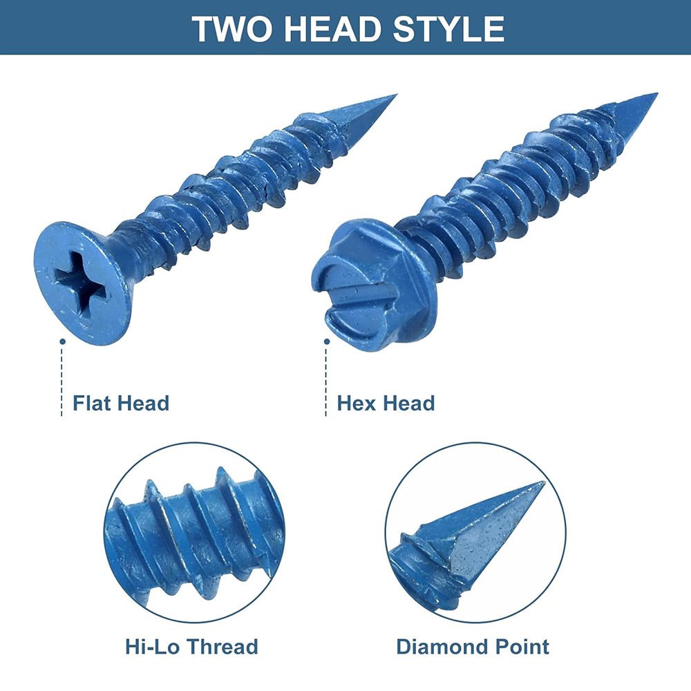 230x Phillips Flat & Slotted Hex Washer Head Concrete Screws 1/4″ and 3/16″ Blue