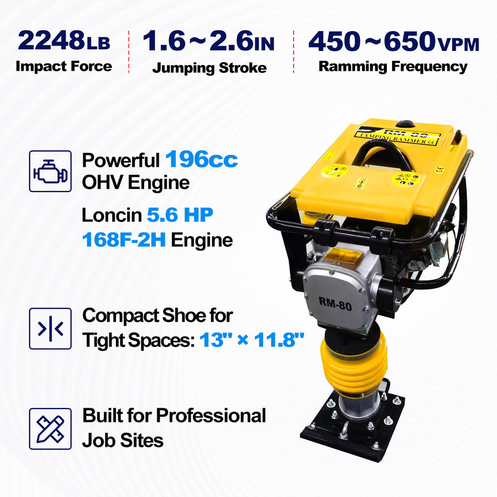 Greatbear 5.6 HP 196cc Gas Powered Tamping Rammer, 2248 lb Impact Force