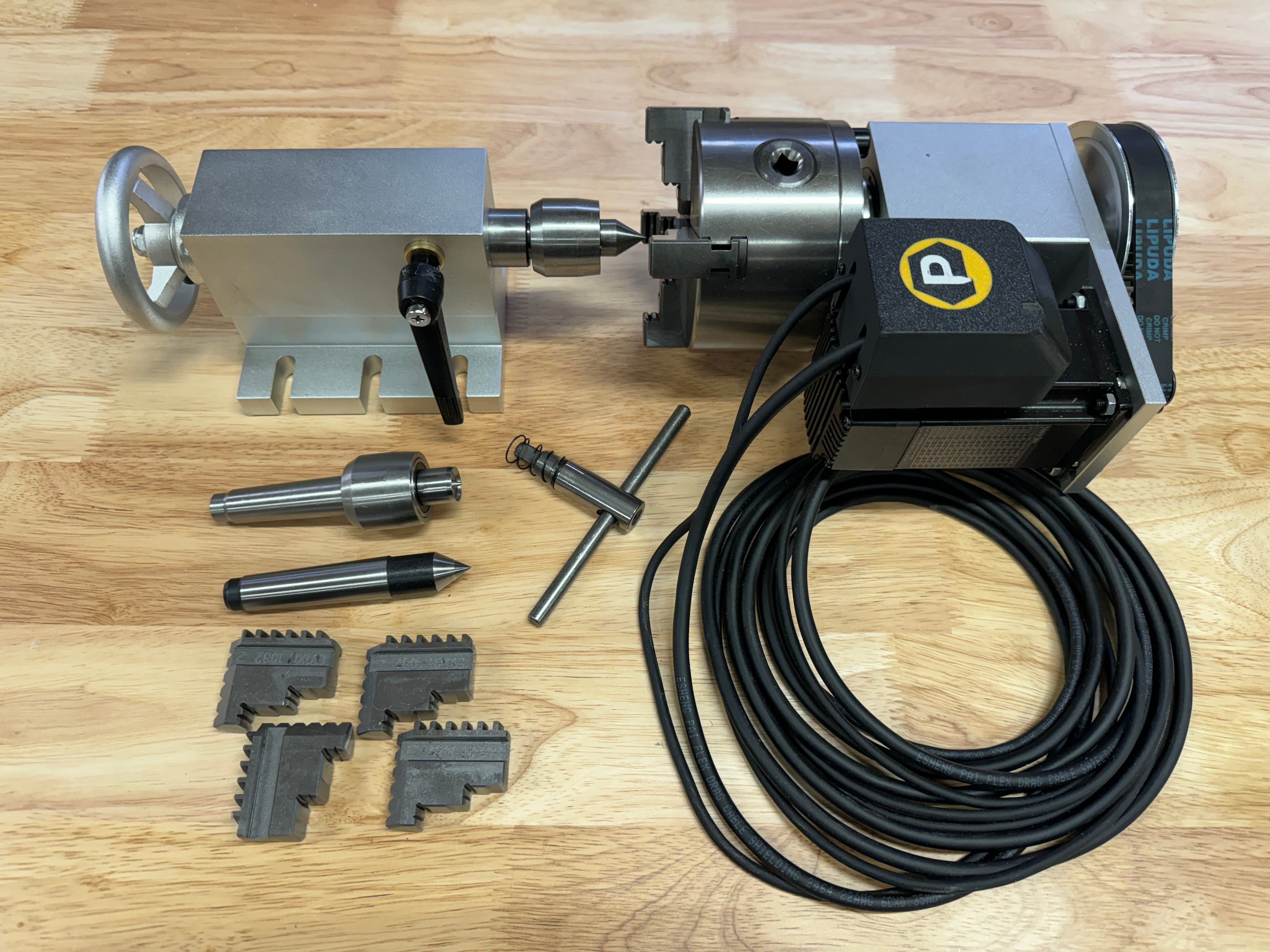 PwnCNC 4th Axis Rotary System for MASSO CNC – 100mm 4-Jaw Chuck