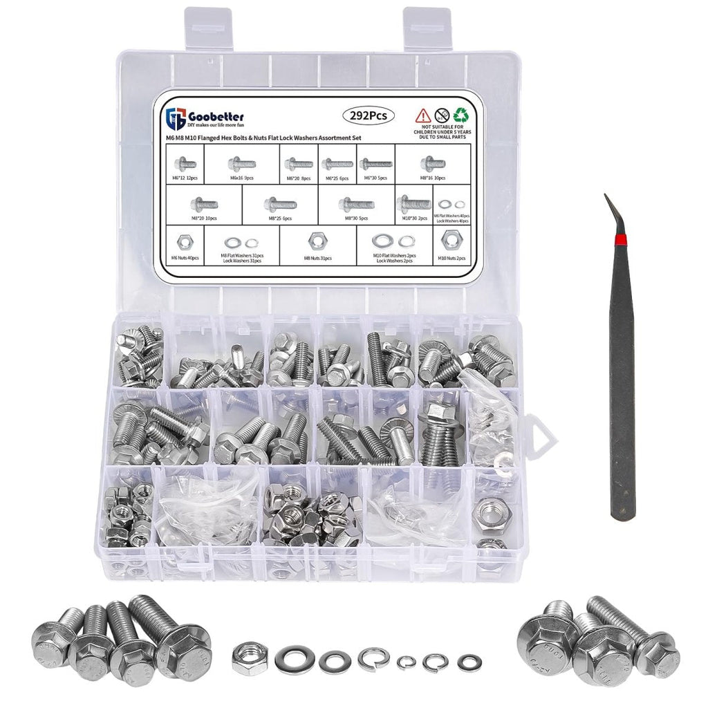 292 Pcs 304 Stainless Steel Bolts and Nuts Kit, A2 Hex Head Flange Nut and Bolt Set M6 M8 M10