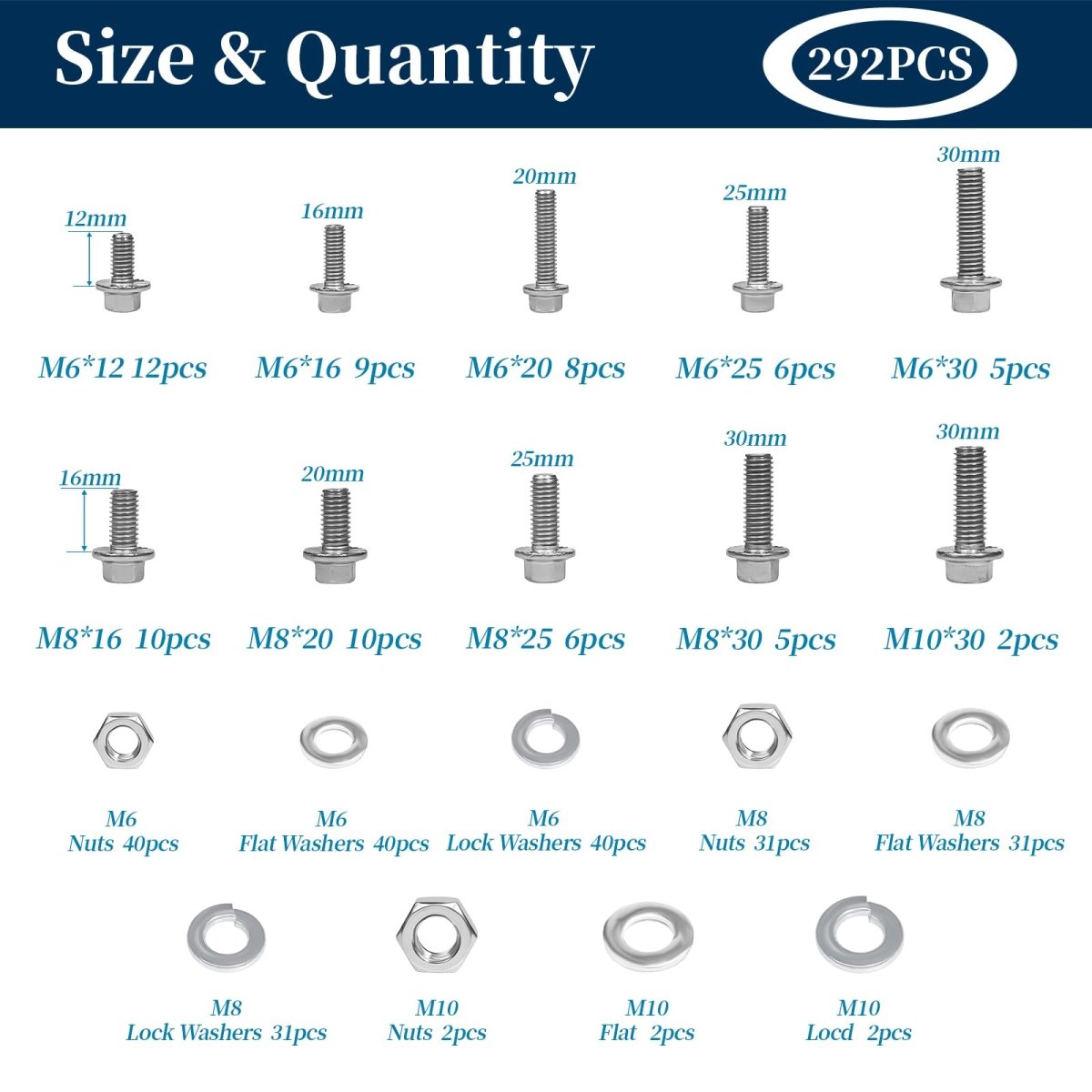 292 Pcs 304 Stainless Steel Bolts and Nuts Kit, A2 Hex Head Flange Nut and Bolt Set M6 M8 M10