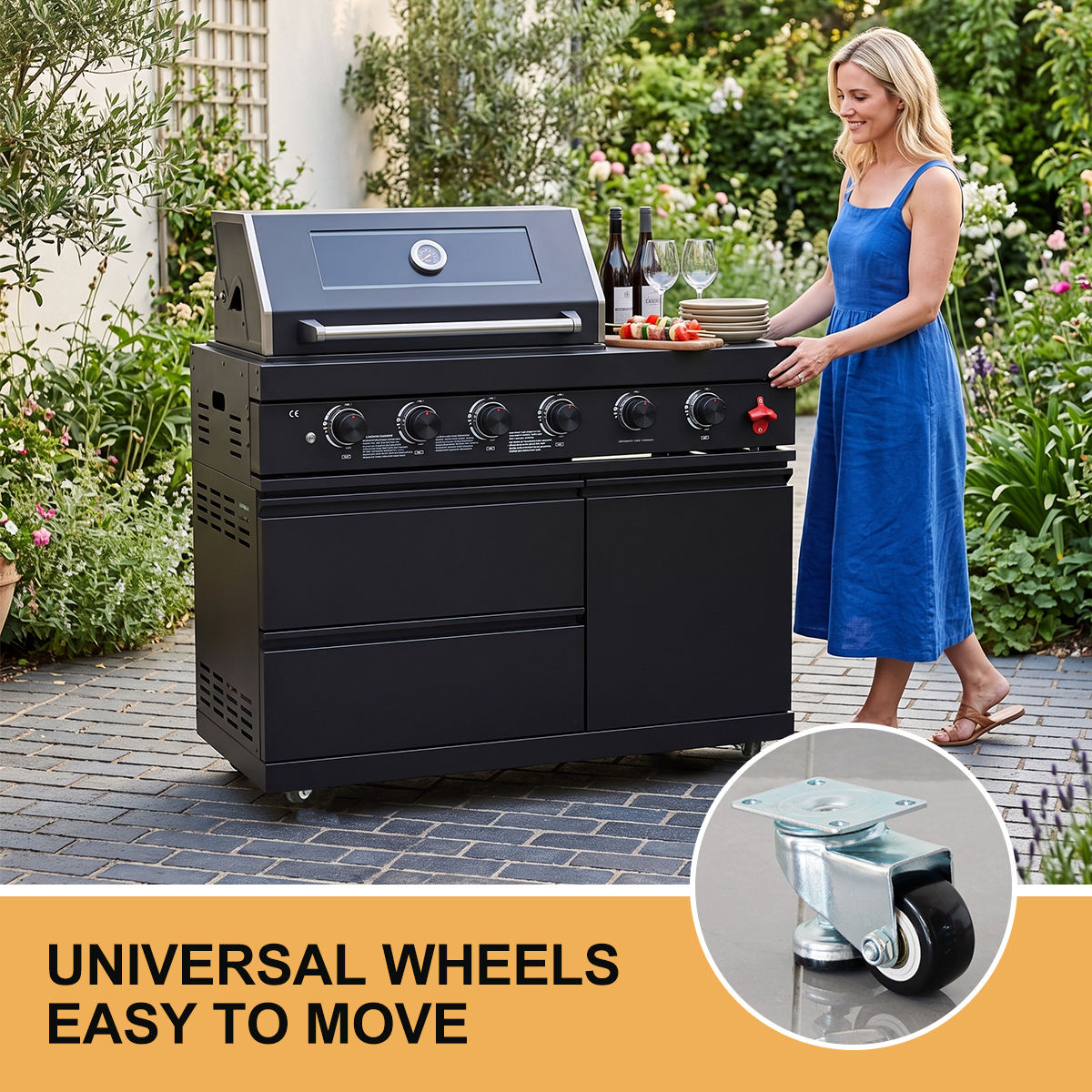 85" 4-Burner 72000 BTU Black Outdoor Kitchen Island Grill with Compact Refrigerator Marble Countertops Sink