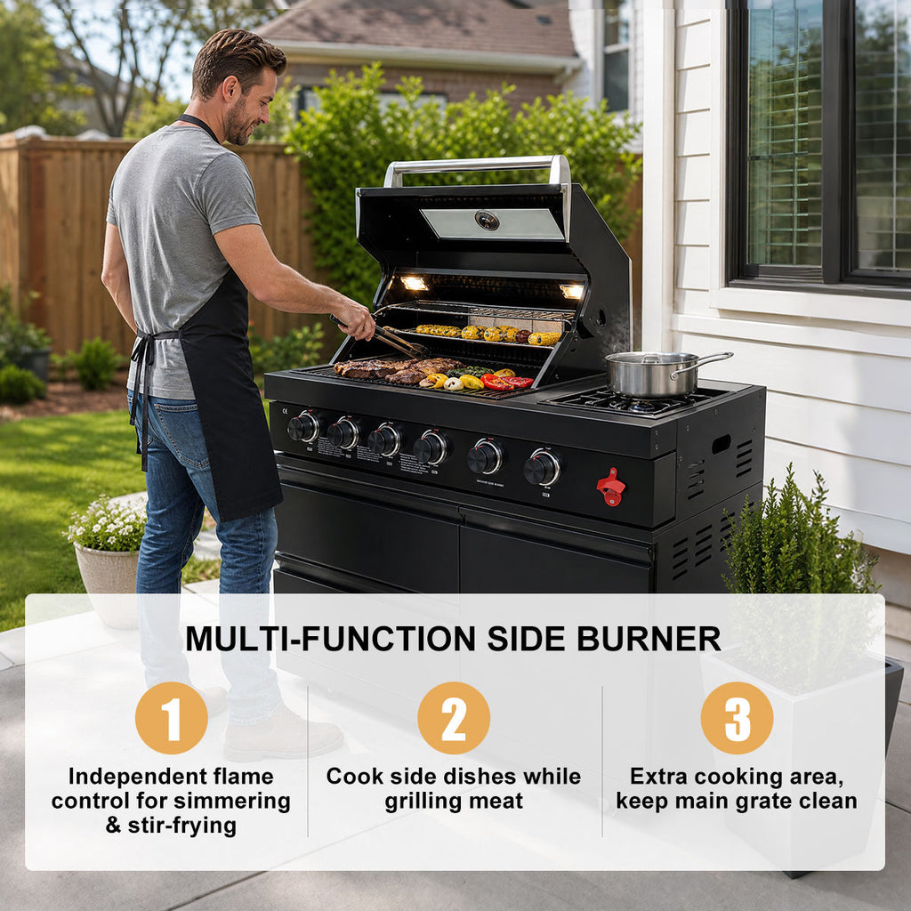 65" 4-Burner 72,000 BTU Black Outdoor Kitchen Island Grill + Round Side Burner