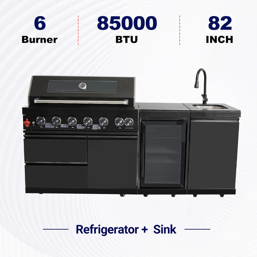 82" 6-Burner 85,000 BTU Gas Outdoor Kitchen Island Grill Stainless Steel Sink Wine Cooler