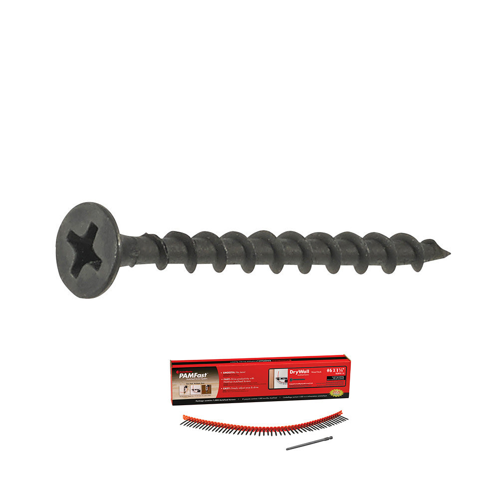 #8 x 2 1/2 - PAMFast #2 Phillips Drywall to Wood Stud Autofeed Screws Black Phosphate - Carton (1000)
