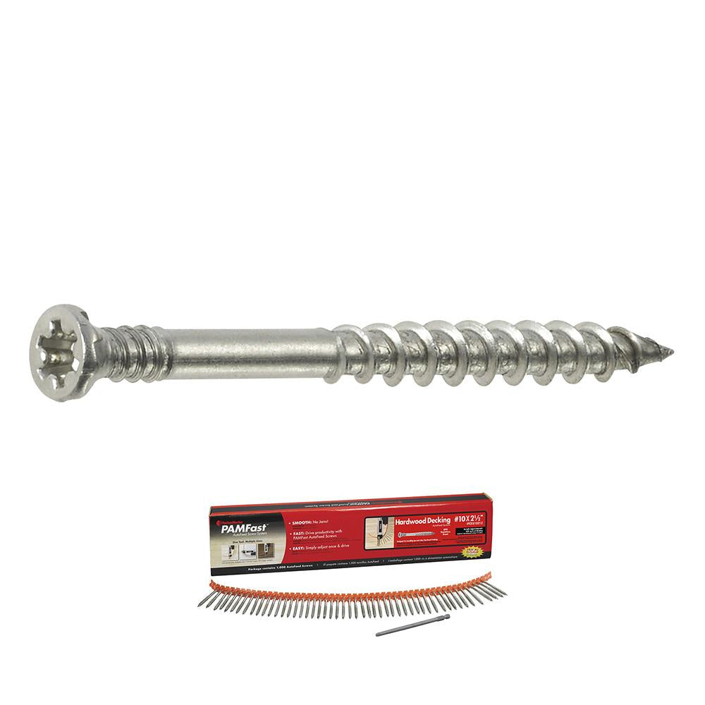 10 x 3 - PAMFast Nibbed Flat Trim Head 304 Stainless Steel Ipe/Hardwood Autofeed Deck Screws  - Carton (1000)