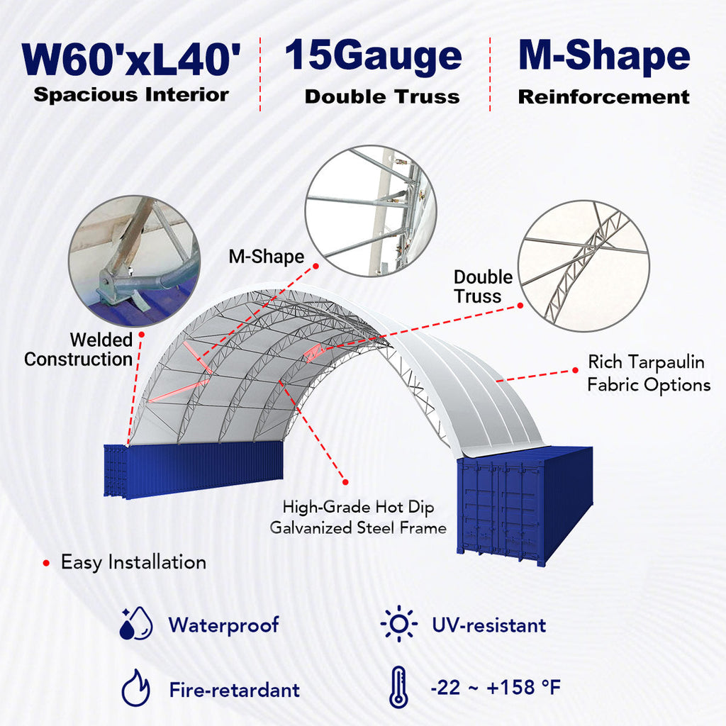 Reinforced 60'x40'x22' Double Truss Container Canopy Shelter