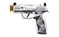 Sig Sauer P365X Komodo Anime |  Striker Fired |  Semi-automatic |  9MM |  3.1" Zaffiri Threadless Compensated Barrel In High Polish Gold |  Komodo Aluminum Grip Module |  Custom White Cerakote Finish by Shark Coast Tactical |  Fixed Sights |  Optic Ready