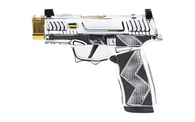 Sig Sauer P365X Komodo Anime |  Striker Fired |  Semi-automatic |  9MM |  3.1" Zaffiri Threadless Compensated Barrel In High Polish Gold |  Komodo Aluminum Grip Module |  Custom White Cerakote Finish by Shark Coast Tactical |  Fixed Sights |  Optic Ready