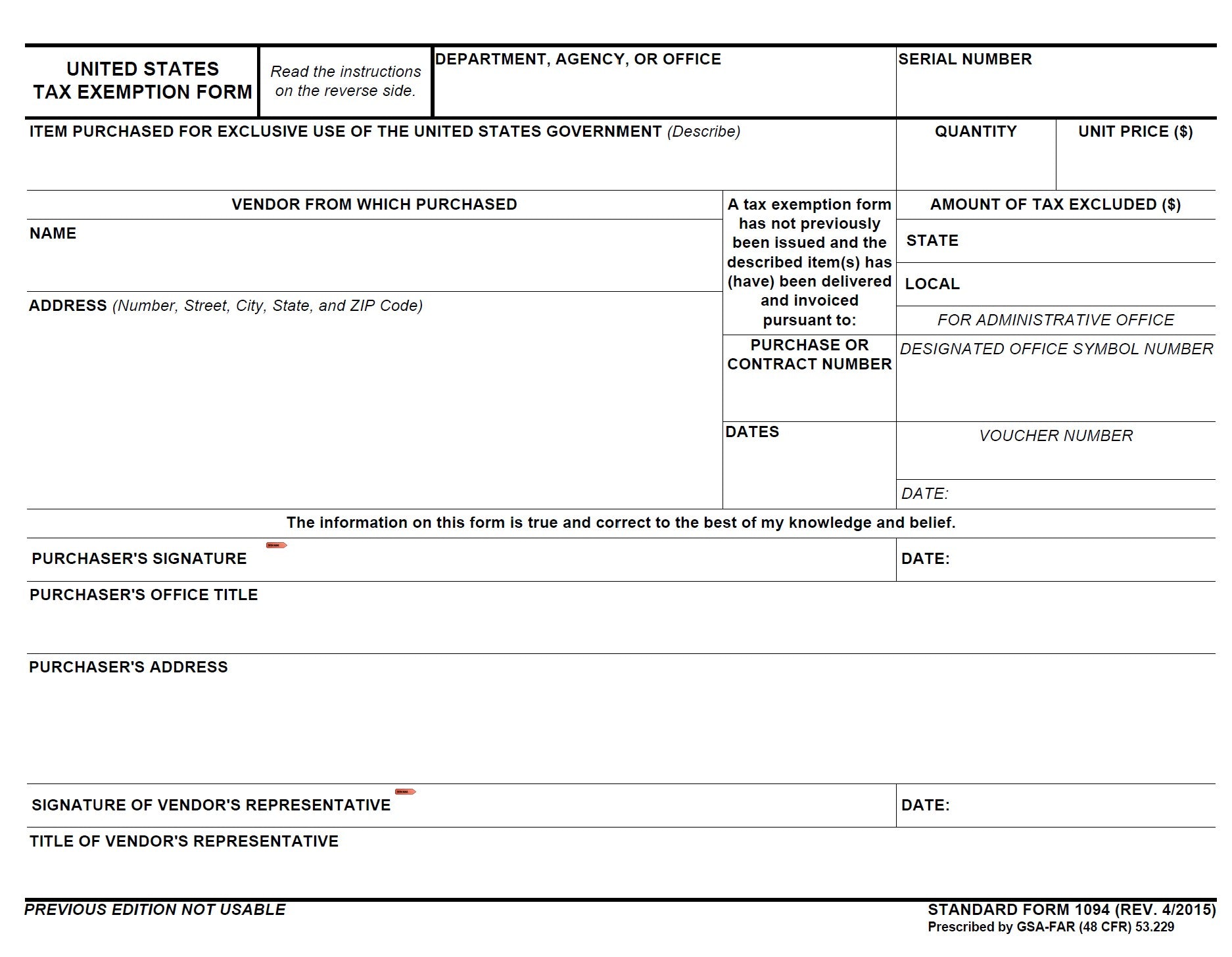 SF1094-15c US Government Sales Tax Exemption Form