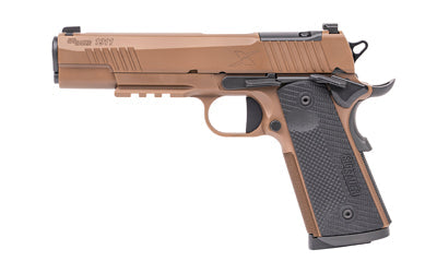 Sig Sauer 1911 X Series |  Single Action Only |  Semi-automatic |  1911 |  Full Size |  45 ACP |  5" Barrel |  PVD Finish |  Coyote |  Optics Ready |  LOK Grips G10 Grips |  P-Series XRay3 Day/Night Sights |  Ambidextrous Safety |  8 Rounds |  2 Magazines