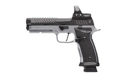 Sig Sauer P320 MAX SXG |  Semi-automatic |  Striker Fired |  Metal Frame Pistol |  Full Size |  9MM |  5" Bull Barrel |  Nitron Finished Slide |  Black |  Silver Frame |  Romeo3 Max 6MOA Pro Optic |  Pro Optic Footprint |  Hogue Aluminum Recreation Grips